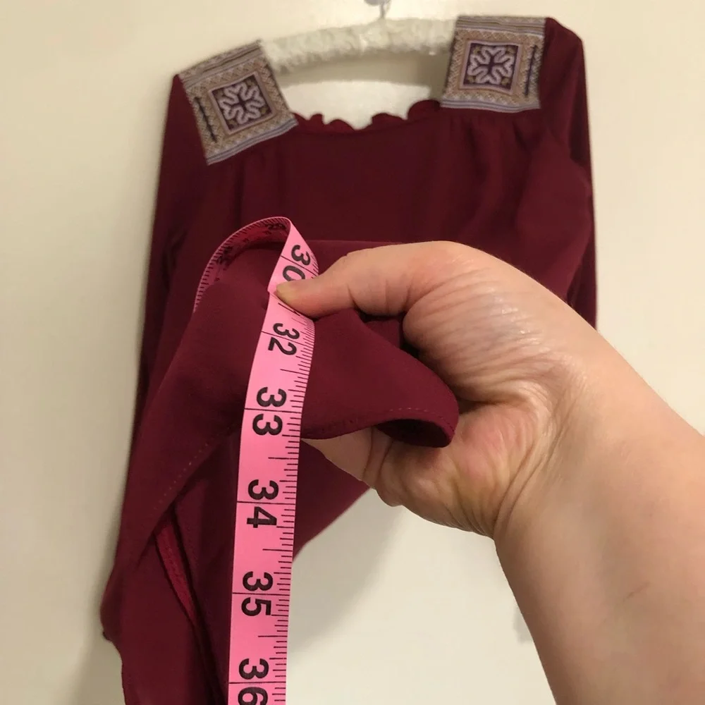 🔴Beautiful Burgundy Square Neck Long sleeve Mini Dress embroider shoulder sizeS - Picture 9 of 14